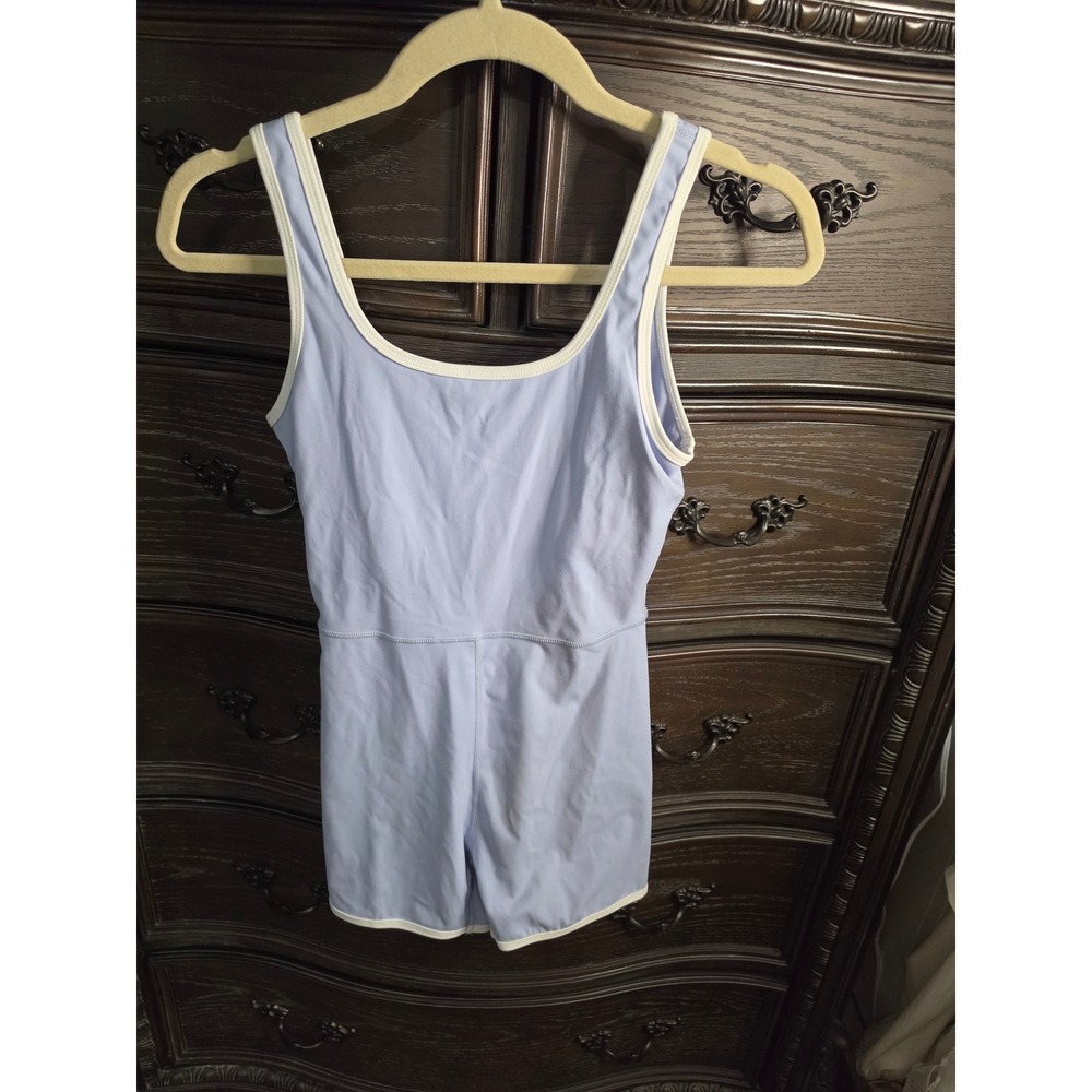 Daily Drills Sleeveless Active Romper Blue White Trim Small Athleisure Bodysuit